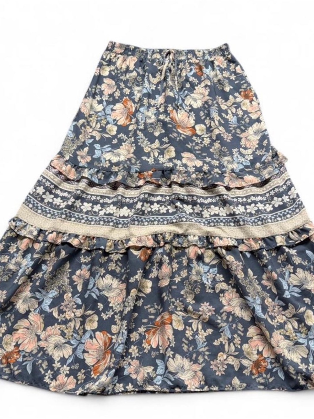 Boho Floral Tiered Maxi Skirt - Navy Floral